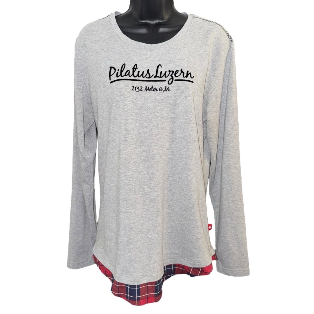 Authentic Kollektion Pilatus Luzern Gray Plaid Hem Long Sleeve Top XL - Picture 1 of 9
